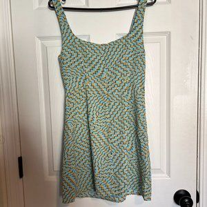 Light Blue Yellow Checkered Pattern Mini Dress - Small